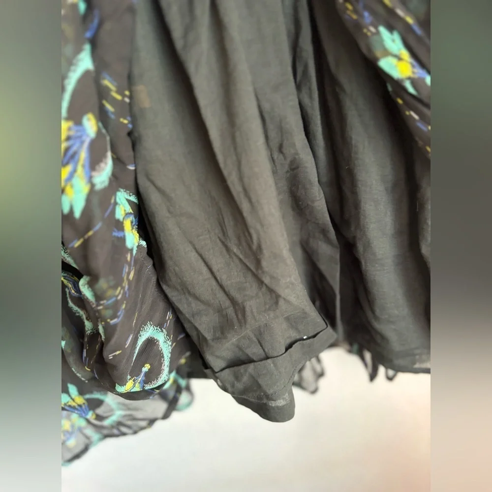 Free People Black Wild Horses Peacock Print Boho Long Sleeve Flounce Hem Dress M